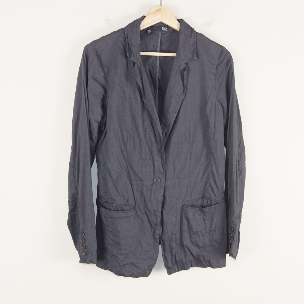 Eileen Fisher Linen Viscose Stretch Gray Notch Collar Jacket Womens Sz 12